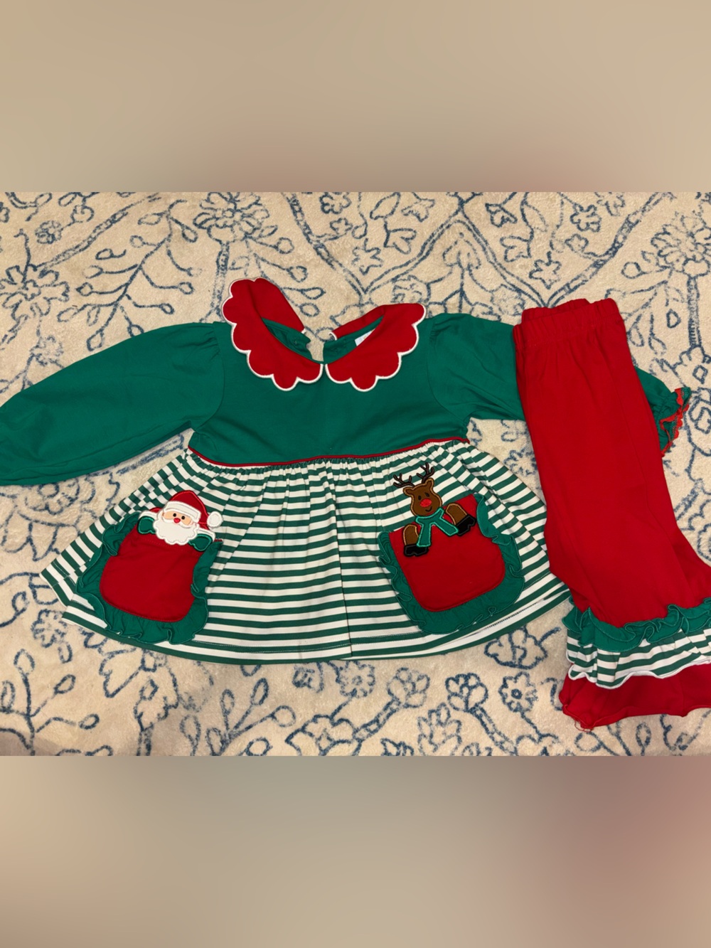 Girls Christmas Green and Red Matching Set with Santa & Reindeer